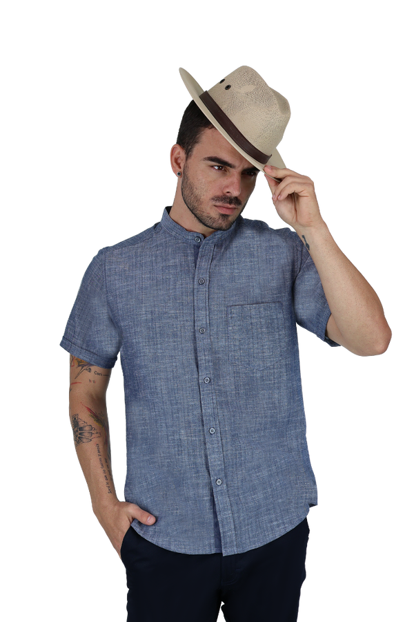 Camisa Manga Corta Look De Lino Azul Marino Jaspe Slim Fit Caballero